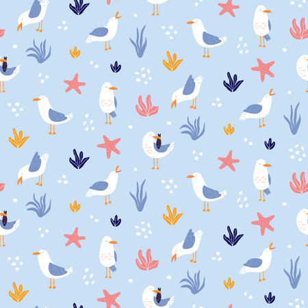 Colourful seamless pattern with seagulls in vector. Cute cartoon seagulls on a coast. Summer vacation. Good for print.のイラスト素材