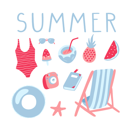Summer vacation illustrations set. Inflatable ring, chair, swimming suit, sunglasses and other beach things. Vector doodle clipart.のイラスト素材