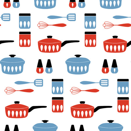 Seamless vector pattern with cookware for cooking food. Mid century modern style. Good for print.のイラスト素材