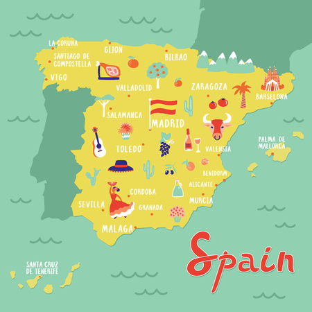 Vector map of Spain with  landmarks, people, food and plants. Travel map.のイラスト素材