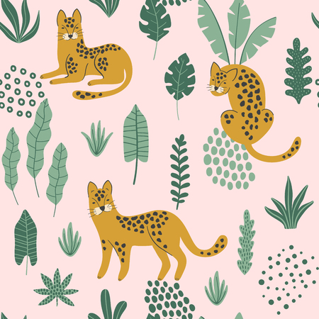 Cute seamless pattern with hand drawn Leopards and tropical leaves. Colorful wallpaper. Vector design template. Good for print, fabric, wrapping paper , etc.のイラスト素材