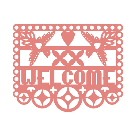 Paper greeting card with cut out flowers, Doves and text Welcome. Papel Picado vector template design isolated on white background. Traditional Mexican paper garland.のイラスト素材