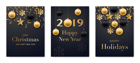 Set of Holidays greeting cards. Collection of festive posters with realistic christmas balls. Merry Christmas and Happy New Year. Vector illustration.のイラスト素材