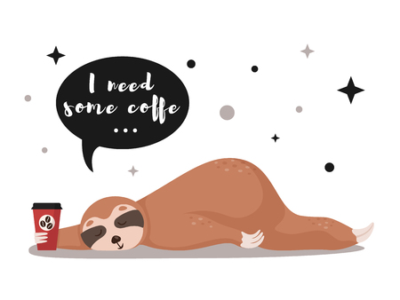 Cute Sloth with coffee cup. Cartoon sleeping Sloth. Vector illustration.のイラスト素材