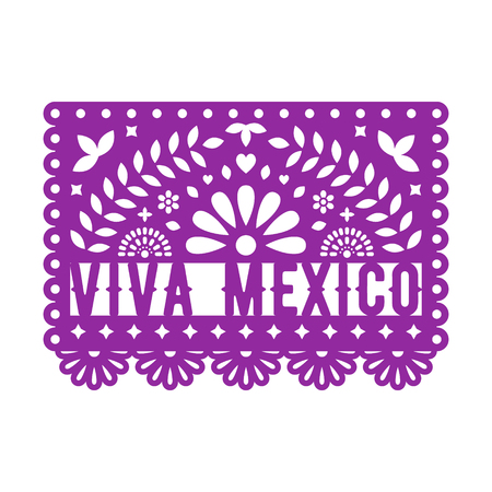 Papel Picado, Mexican paper decorations for party. Paper garland. Cut out compositions with text Viva Mexico. Vector template design.のイラスト素材