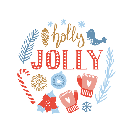Merry Christmas and Happy New year hand drawn greeting card. Cute poster with Lettering Holly Jolly and decorative elements. Vector illustration.のイラスト素材