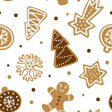 Hand drawn seamless pattern with traditional Christmas cookie. Cute gingerbread repeating wallpaper. Vector design fo winter season.のイラスト素材
