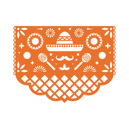 Vector Papel Picado greeting card with floral pattern. Paper cut template. Mexican paper garland.のイラスト素材