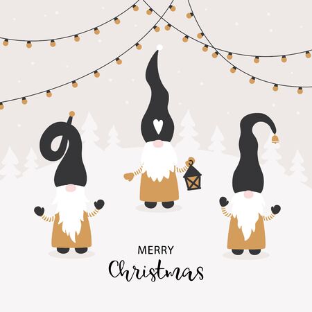 Season Greetings.Vector Christmas card with cute little Gnomes. Tomte gnomes vector illustrationのイラスト素材