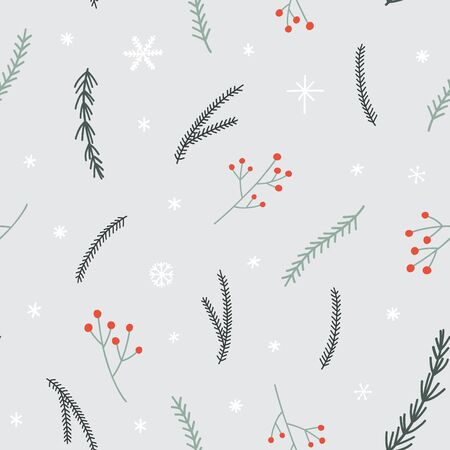 Seamless Christmas pattern with pine branches, snowflakes and red berries twig. Simple winter season texture.のイラスト素材
