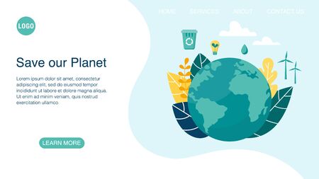 Vector landing page layout with planet Earth. Concept illustration of environmental protection. Flat style illustration.のイラスト素材