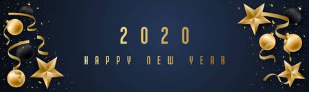 Long vector banner with christmas decorative baubles, stars and confetti. Happy New Year 2020 stock...