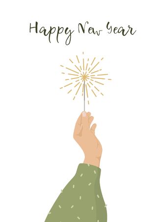 Happy New Year greeting card. Woman's hand holding a 
sparkler. Holidays season trendy vector illustration.のイラスト素材