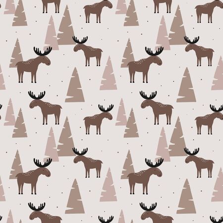 Seamless pattern with elk in a wood. Vector illustration. Design can be used for textiles, wallpaper, clothing, wrapping paper.のイラスト素材