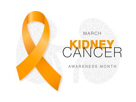 March - Kidney Cancer Awareness Month. Orange color awareness ribbon and kidney icon on white background. Vector design template. Concept healthcare banner.のイラスト素材