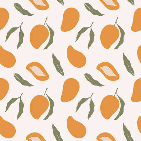 Trendy seamless pattern with mango. Abstract overlapping backdrop with hand drawn fruits. Vector illustration, good for printing.のイラスト素材