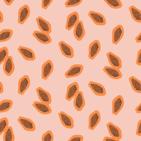 Hand drawn seamless pattern with papayas. Orange papaya slices with black seeds on pink background....
