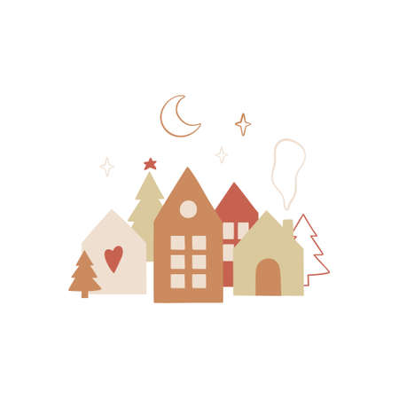 Hand drawn Christmas design with traditional scandinavian hauses. Merry holidays. Vector template for new year, gift tag, greeting cards, invitations, etc.のイラスト素材