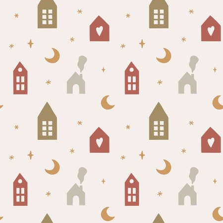 Seamless pattern with cute scandinavian houses, moon and stars. Hand-drawn Christmas print in a simple childish cartoon style. Winter vector wallpaper.のイラスト素材