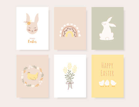 Set of Easter greeting cards, invitation and posters. Cute hand drawn cards with bunnies, eggs, chickens and chicks in boho style. Vector illustration.のイラスト素材
