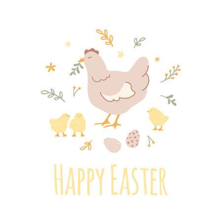 Vector Easter design. Circle composition with chicken, chicks, flowers, leaves and eggs. Hand drawn template for greeting cards, banners, posters.のイラスト素材