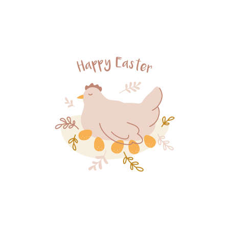 Happy Easter design. Hand drawn composition with chicken in nest and eggs. Vector template for greeting cards, banners, posters.のイラスト素材