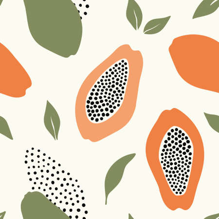 Hand drawn abstract seamless pattern with papaya and leaves. Stock vector template.のイラスト素材