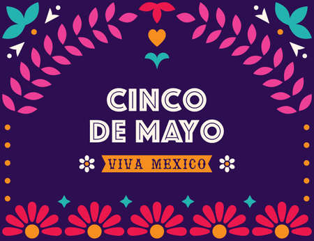 Festive banner for Cinco de Mayo - federal holiday in Mexico. Vector design with decorative folk art...