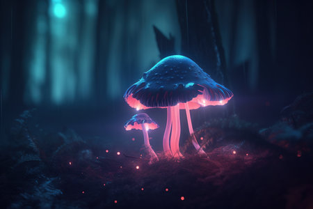 Fantasy mushroom in a dark forest. 3D Rendering.の素材