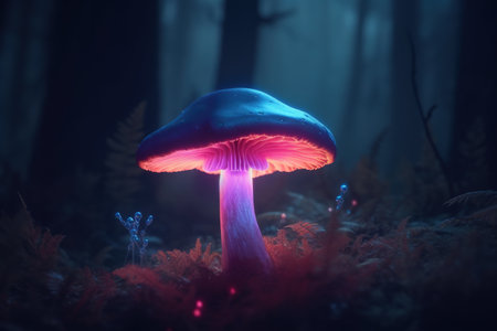Mushroom in the forest at night with foggy background.の素材