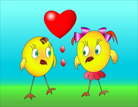 two little birds boy and girl in the blue and green background. next to them, heartの写真素材