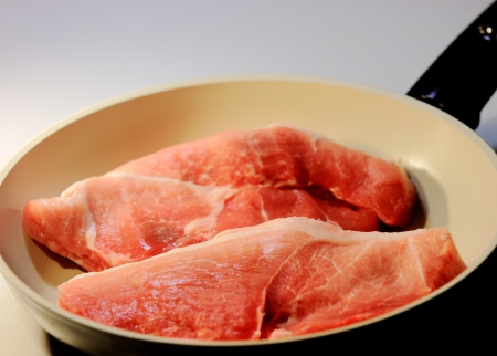 the meat in frying pansの写真素材