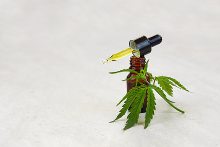 A cannabis leaf and a small bottle of cannabis. Cosmetics with CBD oil. Flat lay, minimalism.の写真素材