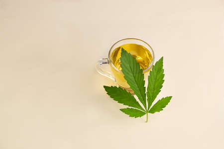 Cup of cannabis tea with green marijuana leaf on yellow background. Alternative medicine, medical cannabis, natural remedy. Copy space.の写真素材