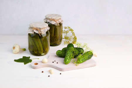 Pickled cucumbers in the jars, ingredients for pickling cucumbers: fresh cucumbers, dill, garlic, pepper.の写真素材