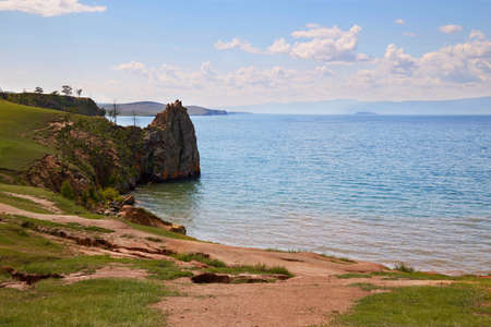 Lake Baikal, Olkhon Island on a summer day. Beautiful view of the Khuzhir Bay near the Shaman rockの写真素材