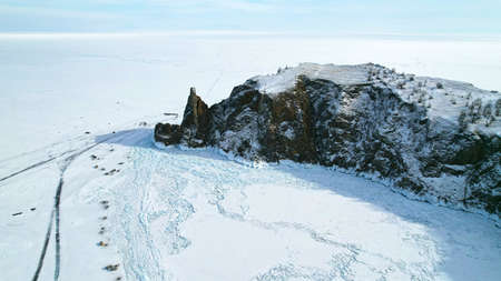 Frozen Lake Baikal from the air. North of Olkhon Island, Cape Khoboy.