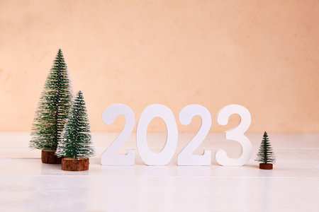 Decorative Christmas trees and white wooden numbers 2023.