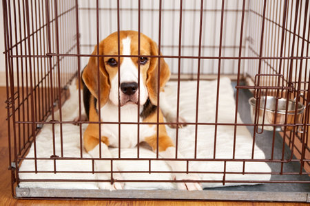 The beagle dog lies in a closed pet cage at homeの写真素材