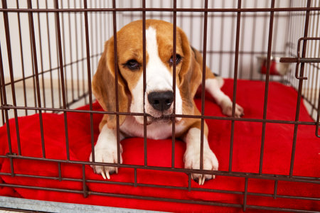 Sad beagle dog is lying in an close cage for pets.の写真素材