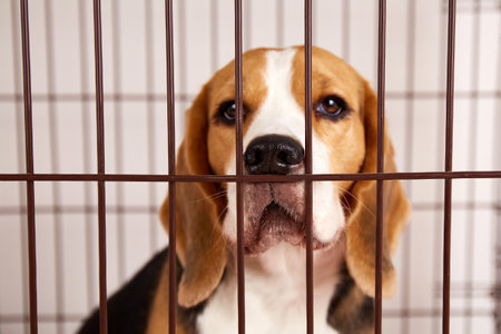 A beagle dog in an iron cage for petsの写真素材