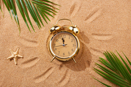 Alarm clock on a sandy beach. Noon, 12 pm A dangerous time for tanning and being in the sun.Sand texture, natural background. top view.の写真素材