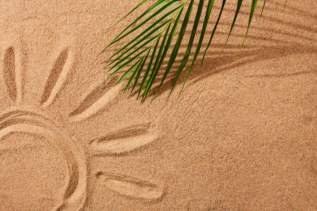 There is a drawing of the sun and a palm leaf on the sand. Sand texture, natural background. top view.の写真素材
