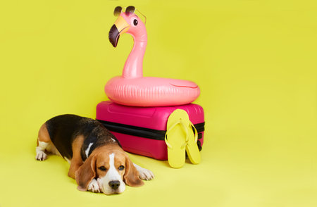 A beagle dog is lying next to a suitcase with thingsの写真素材