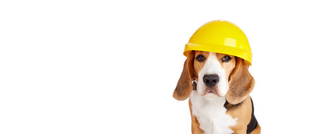 A beagle dog in a construction helmet on a white isolated background. Happy Labor Day Holiday. Banner.の写真素材