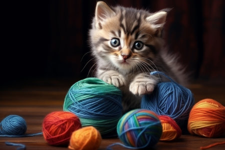 A gray fluffy kitten is playing with balls of yarn.の素材