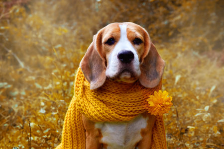 Portrait of a cute beagle dog in a yellow scarf in an autumn park.の写真素材