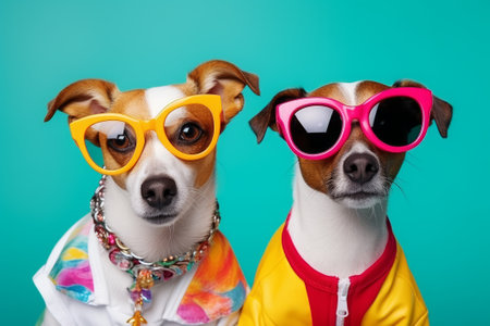 Funny dogs in sunglasses and bright clothes. Kidcore style.の素材