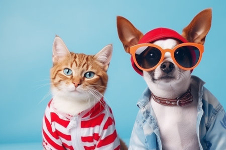 Funny cat and dog in sunglasses and bright clothes. Kidcore style.の素材