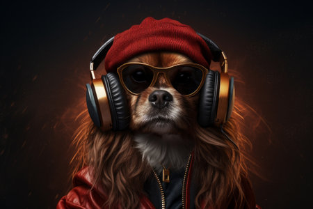 A fashionable dog with headphones, sunglasses listens to music. Looks like a human.の素材